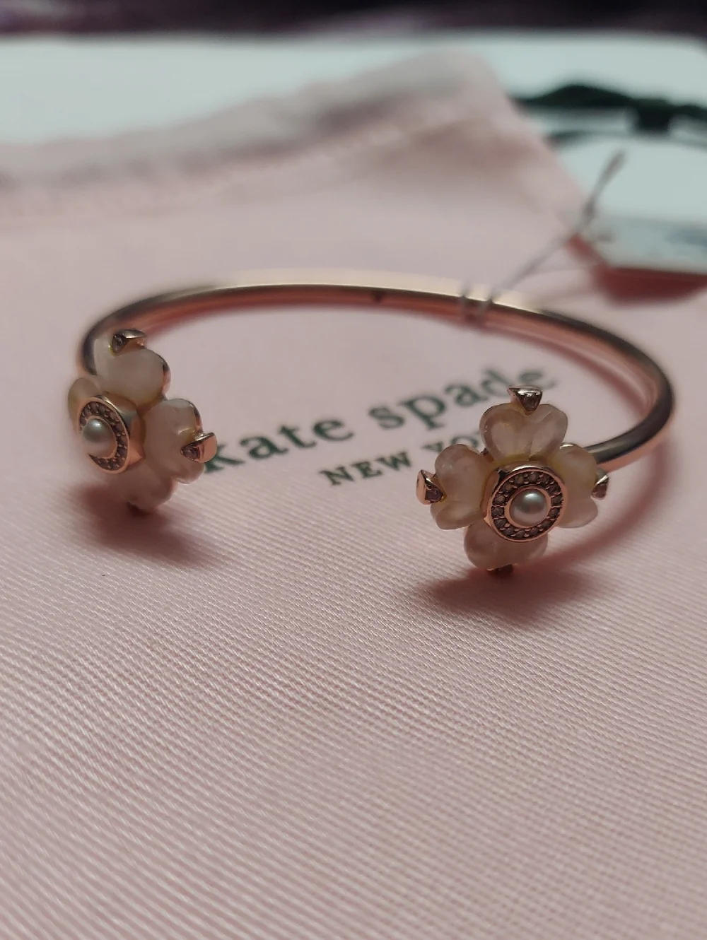 kate spade Rose Gold-Tone Bangle with Pink Floral Accents Spade Flower Flex Cuff - Picture 4 of 7